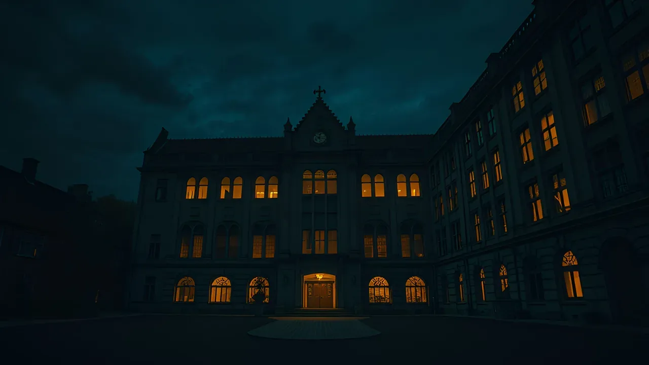Gotycka fasada budynku uniwersyteckiego nocą z oświetlonymi łukowatymi oknami