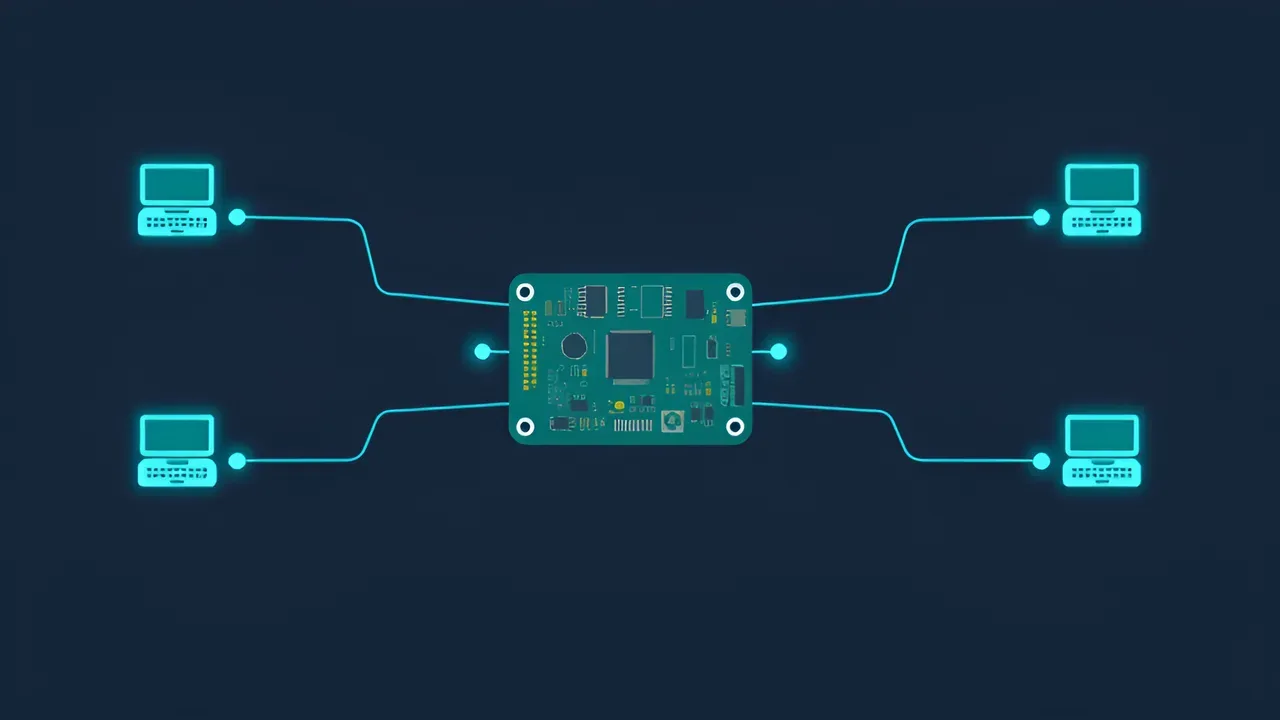 Single-board computer connected to four laptops in a network diagram