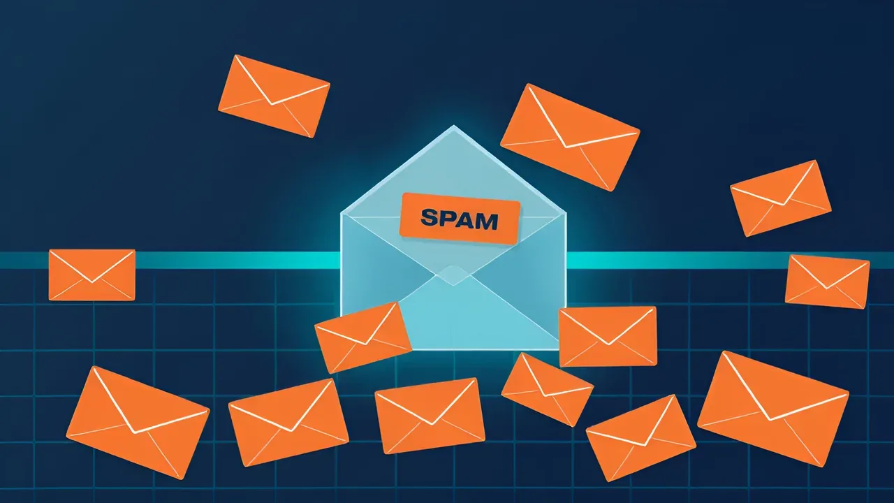 Open envelope labeled SPAM surrounded by orange email envelopes