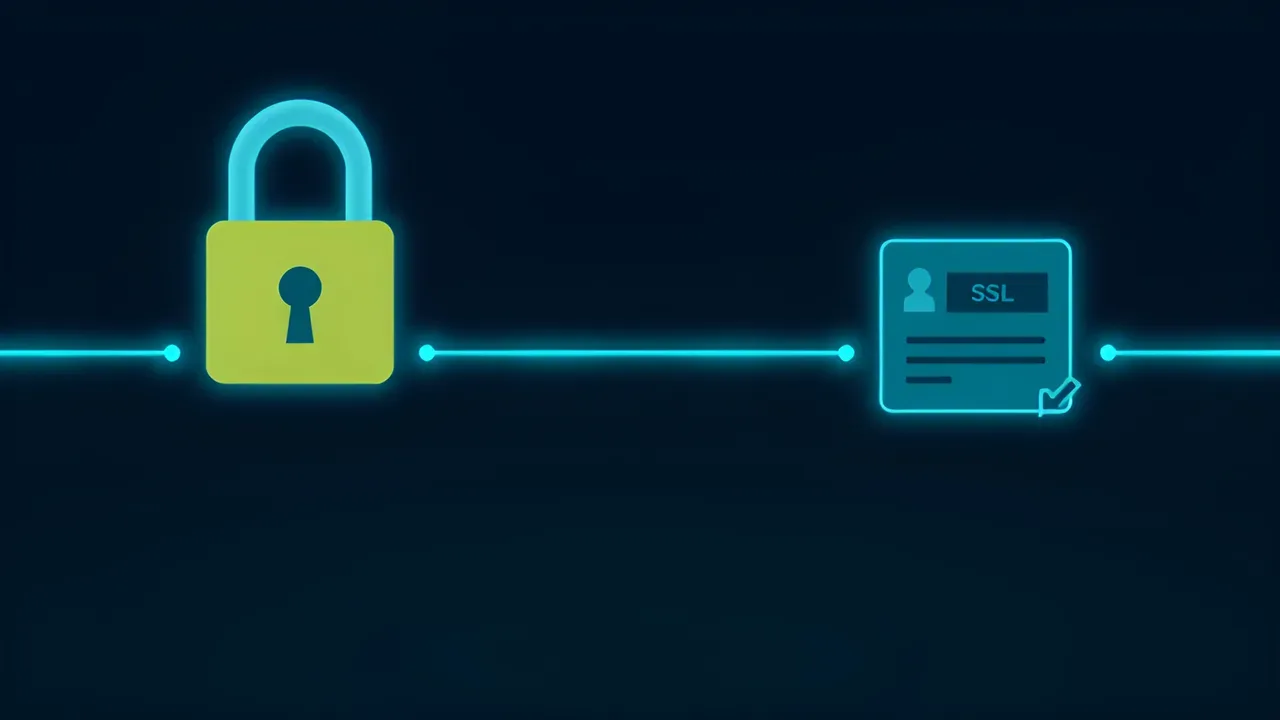 Padlock and SSL certificate icons connected by a glowing line