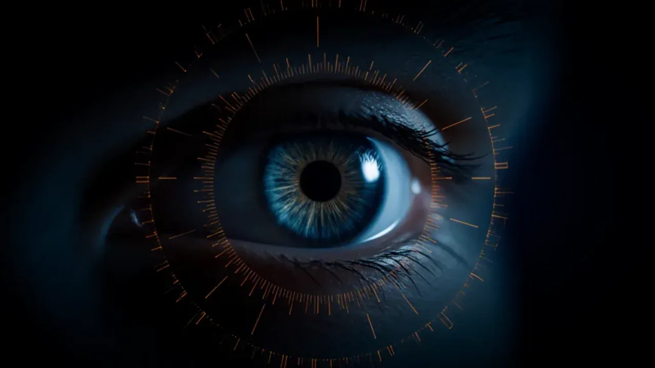 Close-up of a human eye with a digital circular tracking overlay