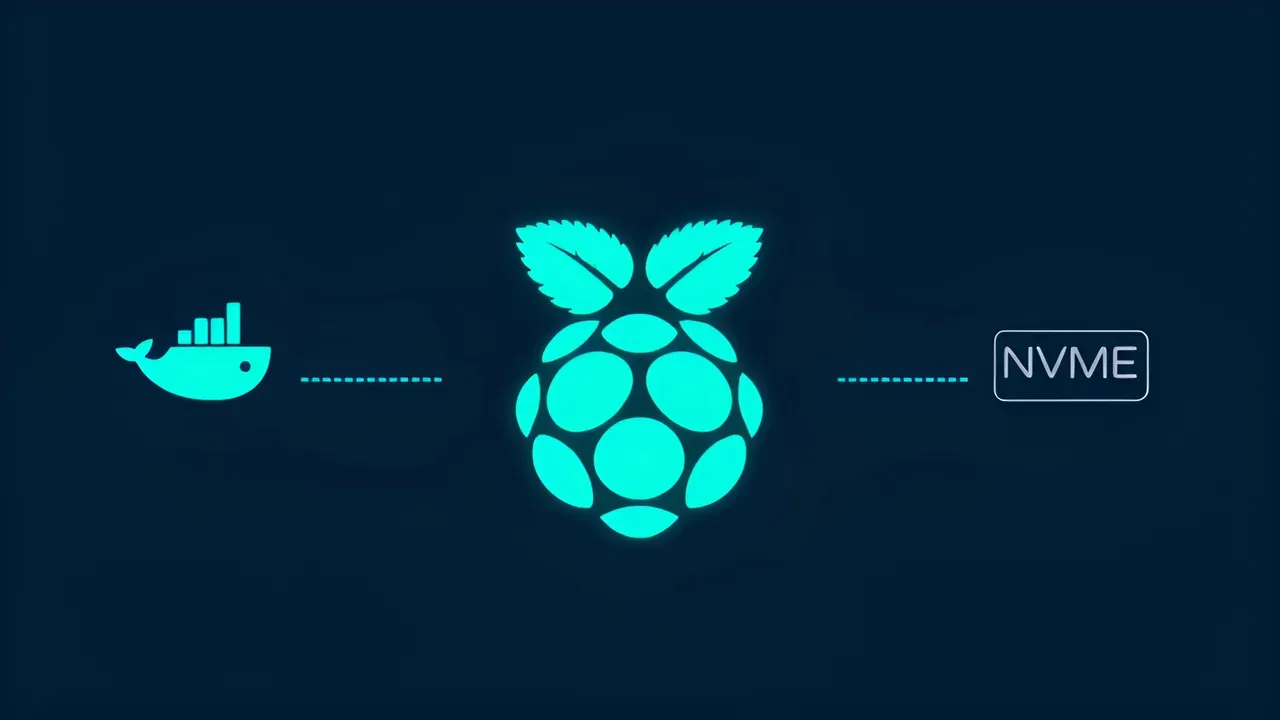 Raspberry Pi logo connected to Docker and NVMe icons on dark background