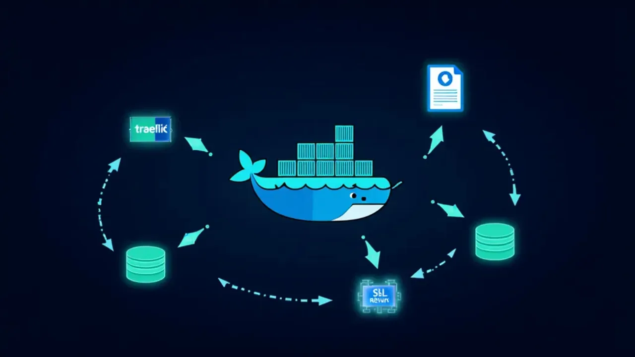 Docker whale in center with Traefik, SSL renewal, and database icons in circular flow