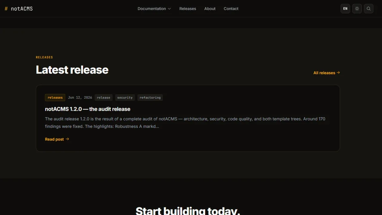 notACMS demo site showing the 1.2.0 release post card with tags: releases, security, refactoring