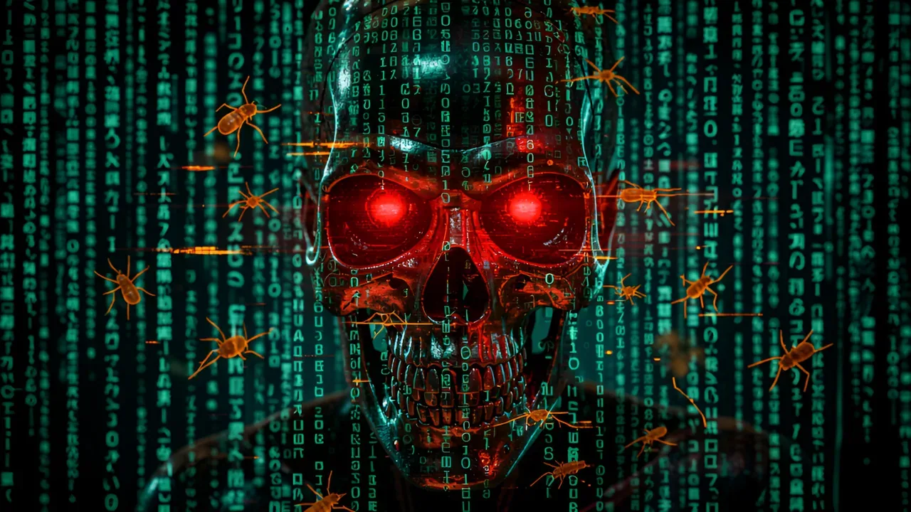 T-800 terminator-style red eye scanning code matrix, teal digital rain background, orange glitch effects highlighting bugs, dark sci-fi atmosphere.