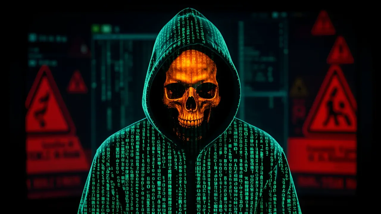 Hacker in hoodie silhouette with glowing teal matrix code, orange skull reflection on dark screen, red warning signs, dark atmosphere.