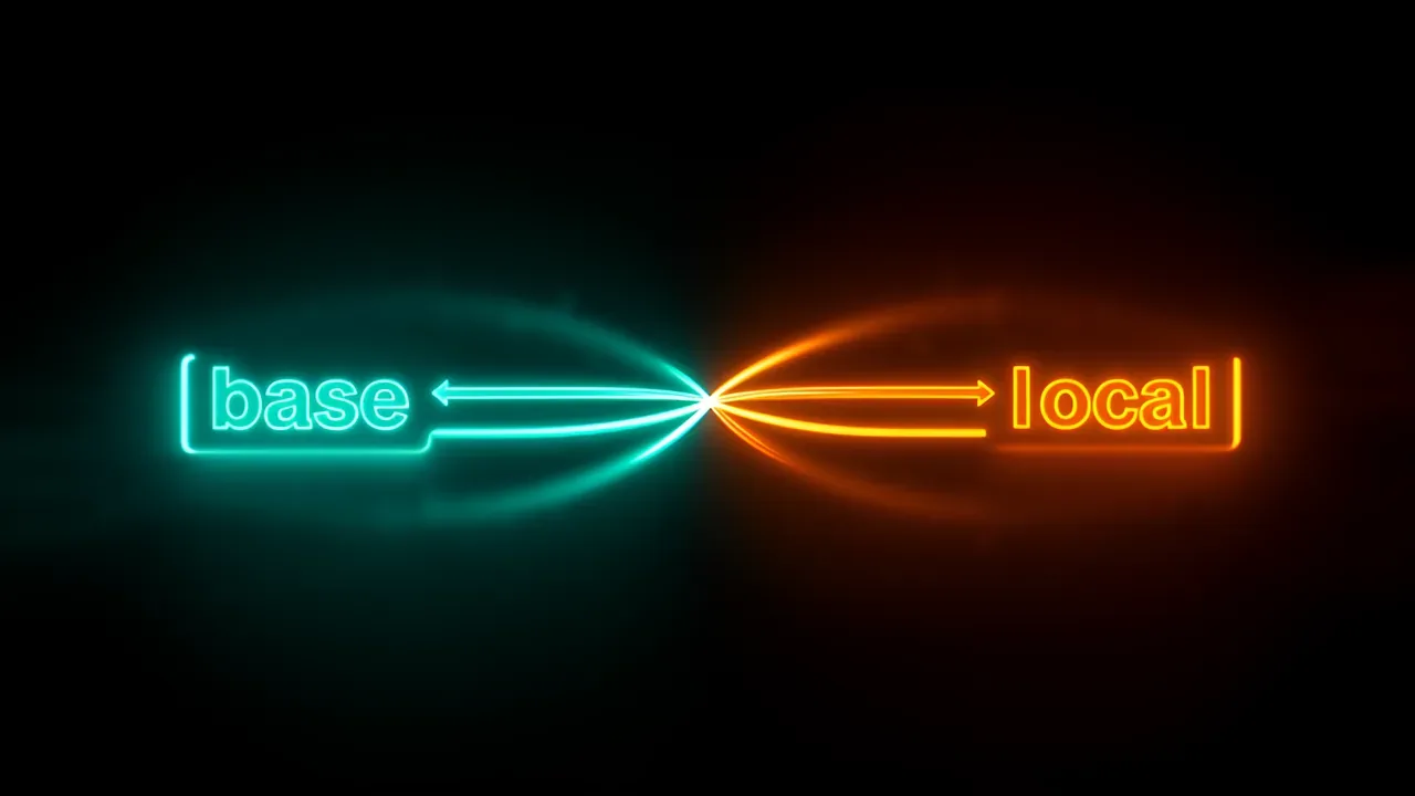 Two paths merging like git visualization, left path glowing teal labeled base, right path glowing orange labeled local, merging into single path, dark background