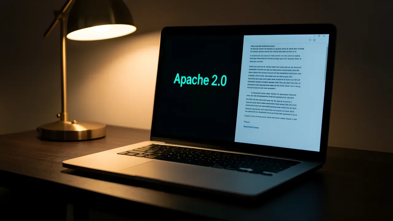 Ekran MacBooka z tekstem Apache 2.0 świecącym na turkusowo, czysty dokument tekstowy, ciepłe światło lampki biurkowej