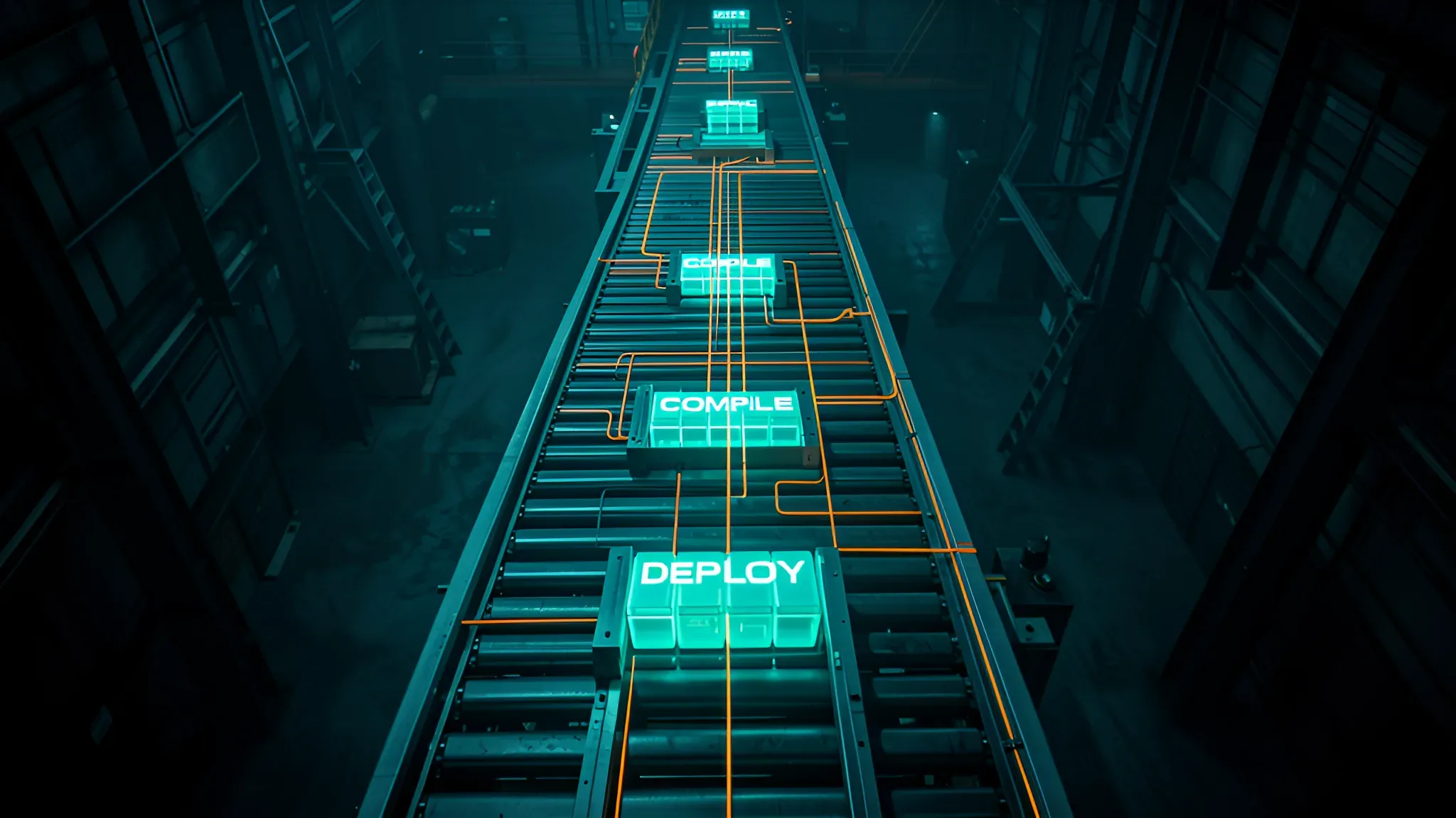 Top-down view of a dark wooden desk with an open laptop showing a build pipeline flowchart with teal code blocks connected by orange arrows, printed pipeline diagram paper beside it with handwritten notes, and a coffee mug, moody blue atmosphere.