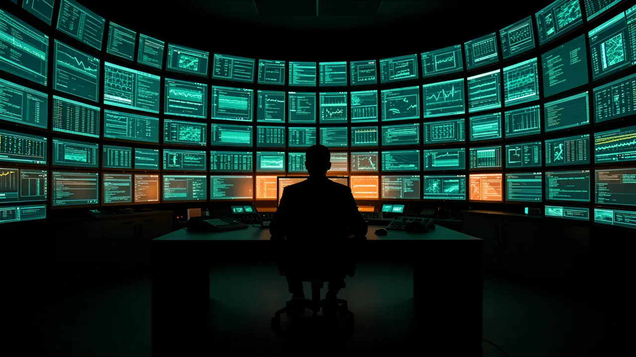 Programista przy ciemnym biurku z trzema monitorami pokazującymi etapy budowy motywu notACMS: kod SCSS, wyrenderowaną ciemną stronę i szkielety komponentów. Pomarańczowe światło lampy na ciemnej drewnianej powierzchni.