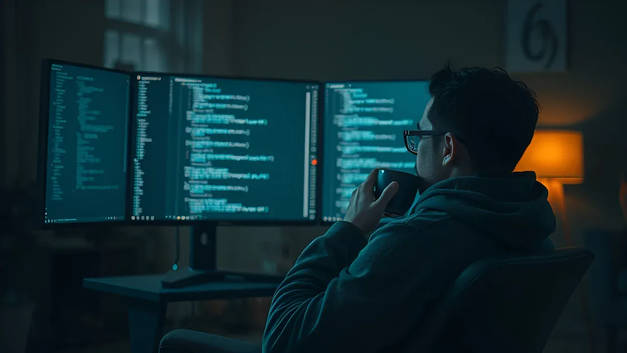 Developer reviewing code on three monitors at night