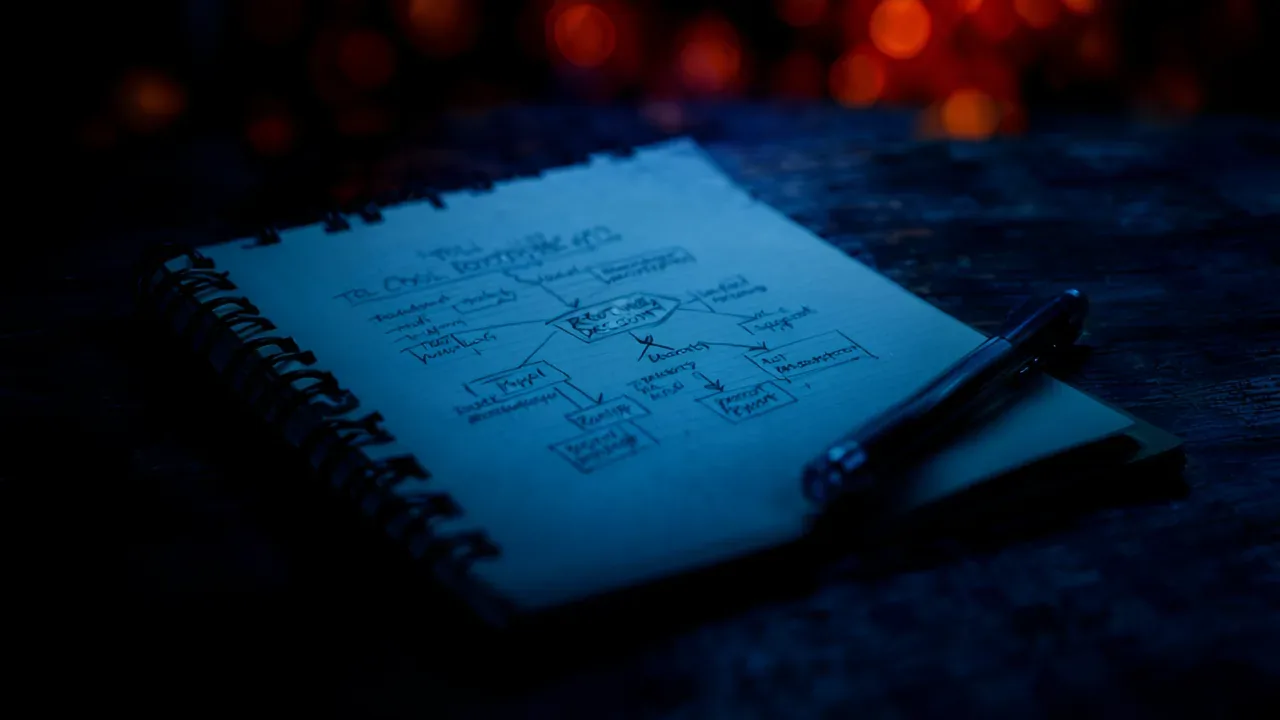 Spiralny notatnik z ręcznie narysowanym diagramem przepływu i długopisem, oświetlony chłodnym niebieskim światłem z ciepłym bokeh w tle