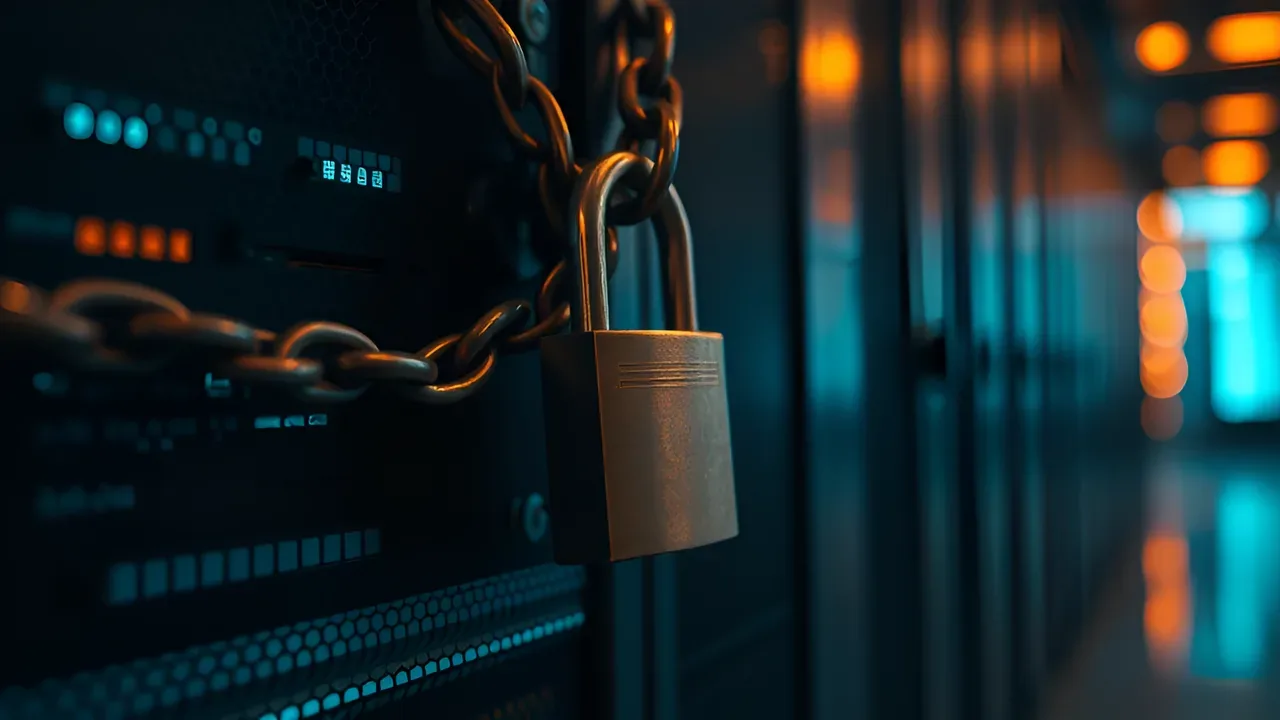 Padlock and chain securing a server rack in a data center