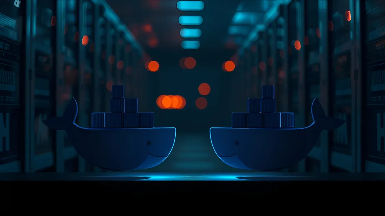 Two Docker whale logos facing each other in a server room corridor