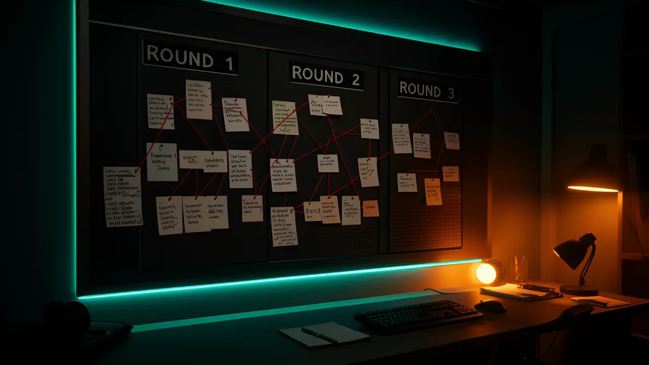 Dark developer workspace with a large pinboard showing ROUND 1, ROUND 2, ROUND 3 sections connected by red string — representing iterative architecture improvement cycles
