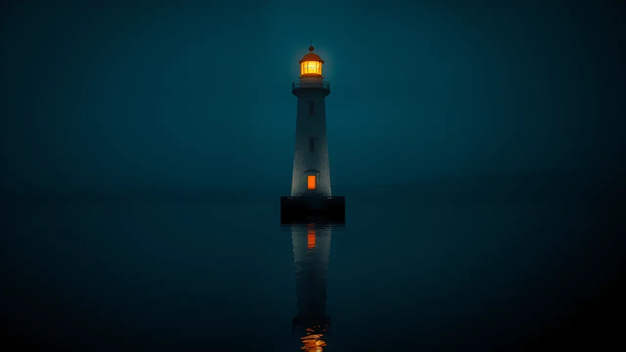 Latarnia morska świecąca nocą na spokojnej wodzie we mgle