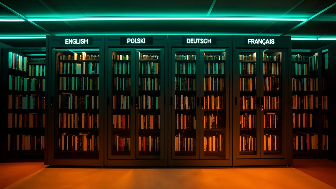 Szafy serwerowe wypełnione książkami oznaczonymi ENGLISH, POLSKI, DEUTSCH, FRANÇAIS — metafora wielojęzycznej architektury treści