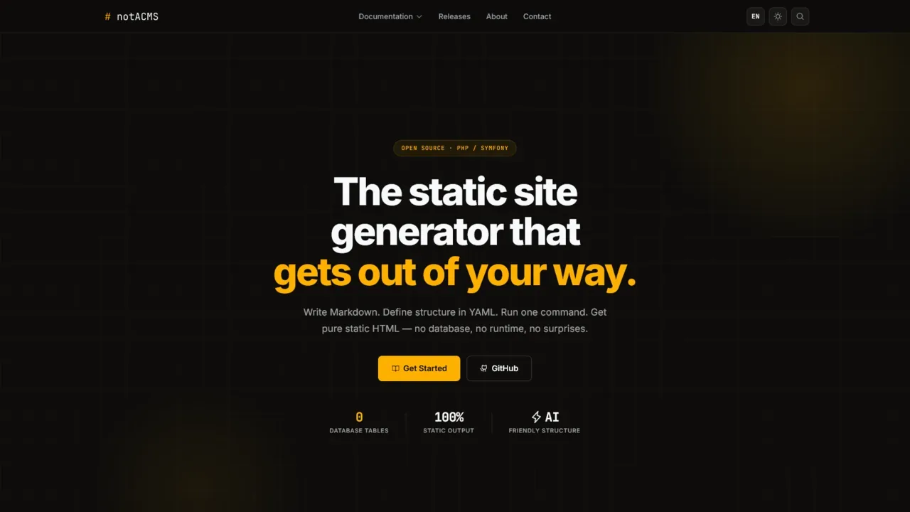 notACMS demo site screenshot — amber terminal theme, multi-language navigation, showing manual page.