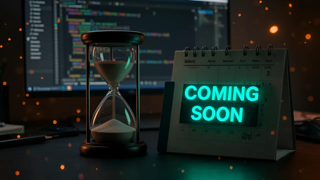 Hourglass and glowing calendar on a dark developer desk, teal-lit future date, orange bokeh background