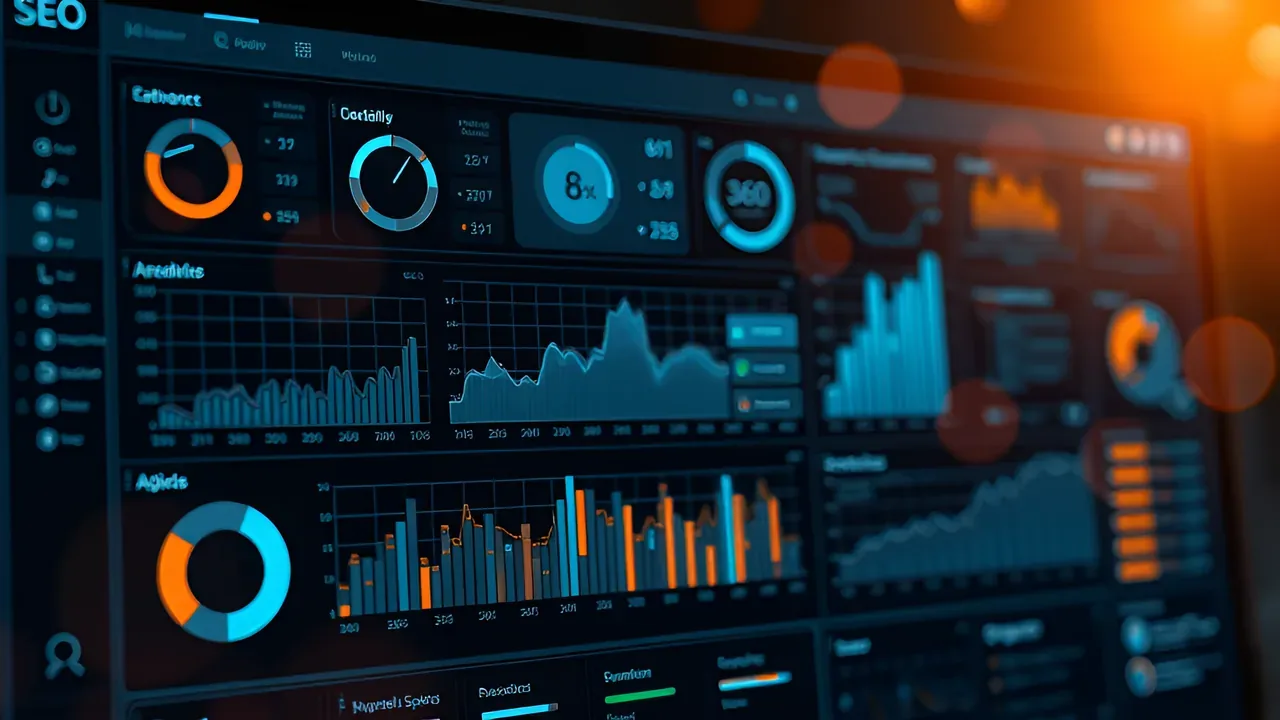 Dark developer dashboard showing SEO metrics and structured data analytics, teal-blue UI glow with orange bokeh lighting