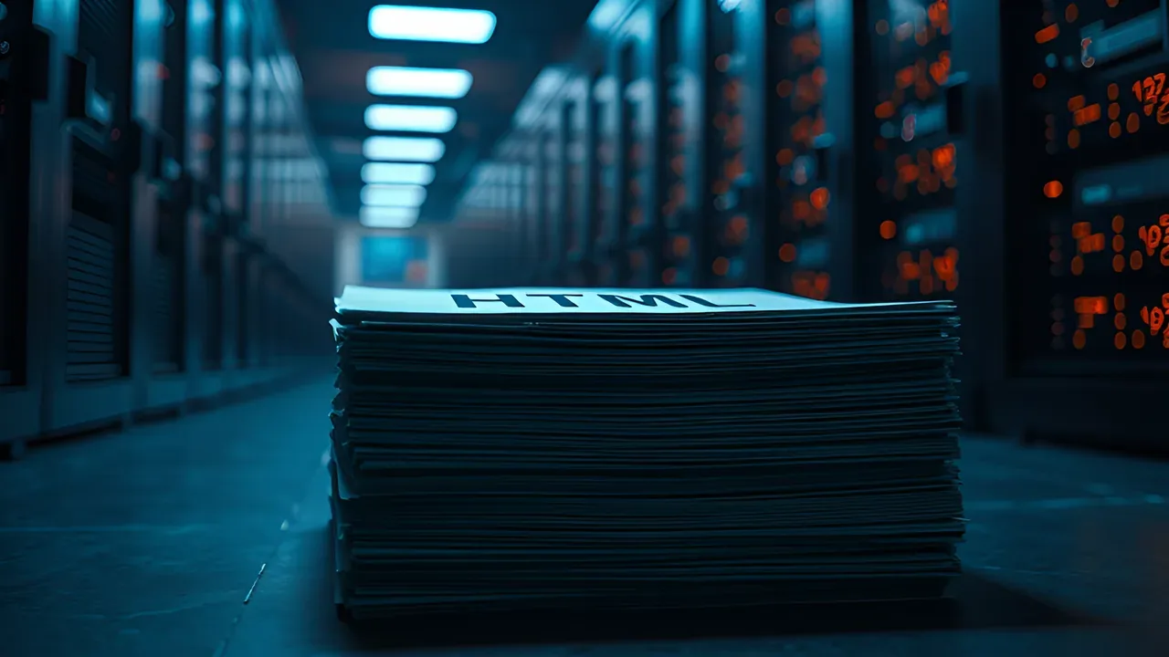 Stack of pages labeled HTML in a data center