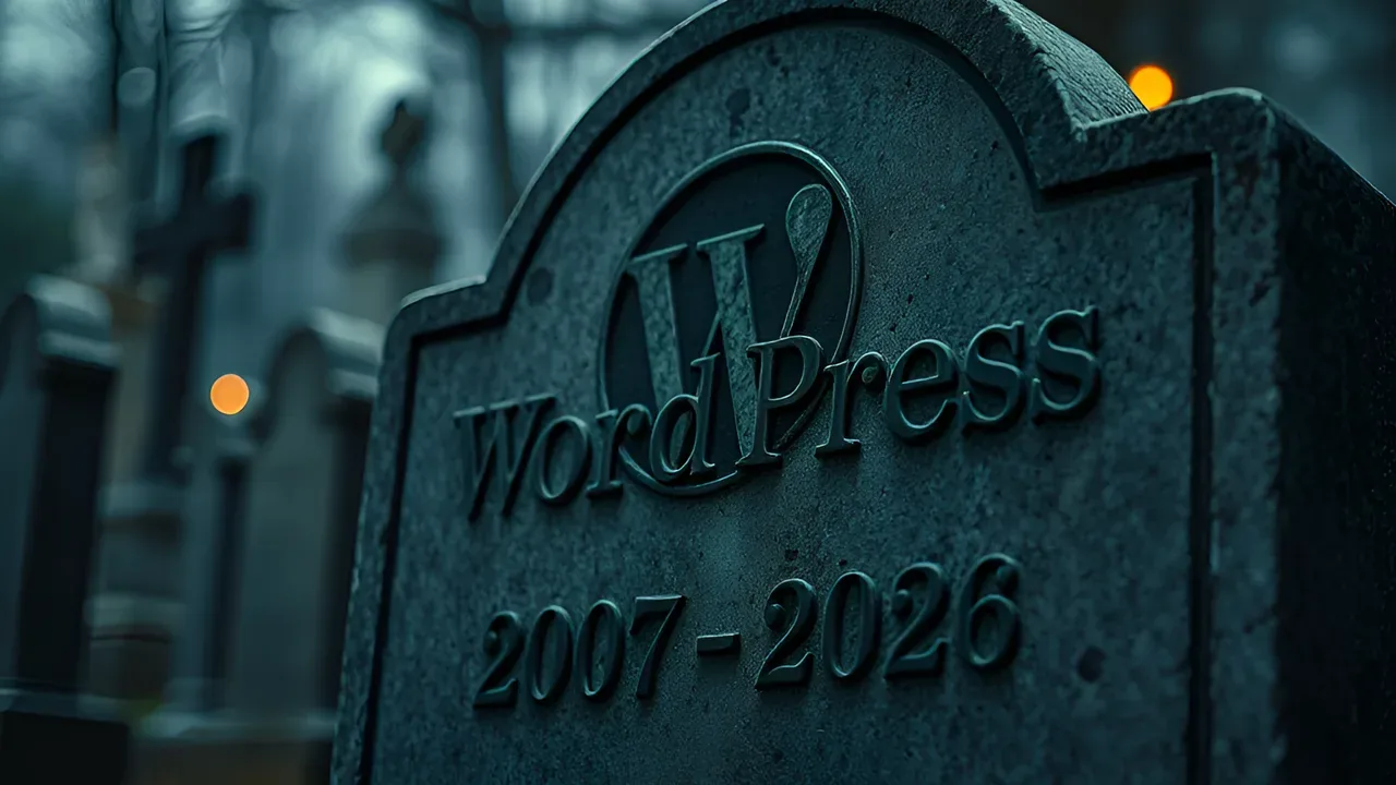 Nagrobek z wyrytym logo WordPress i datami "2007–2026" na cmentarzu